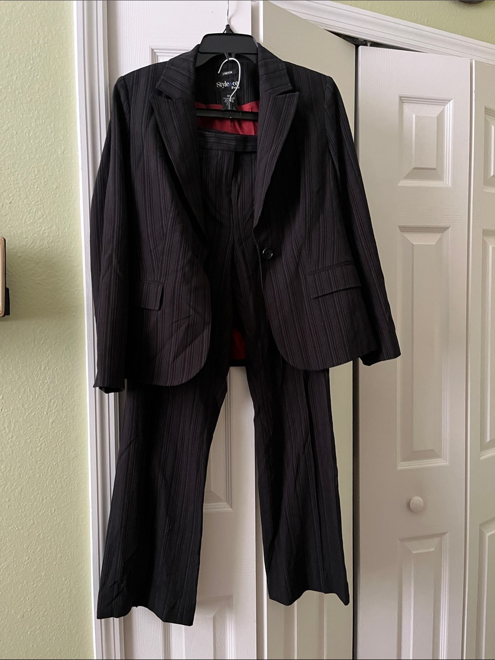 Style & Co. Black Pinstripe Women's Two-Piece Suit with Red Lining